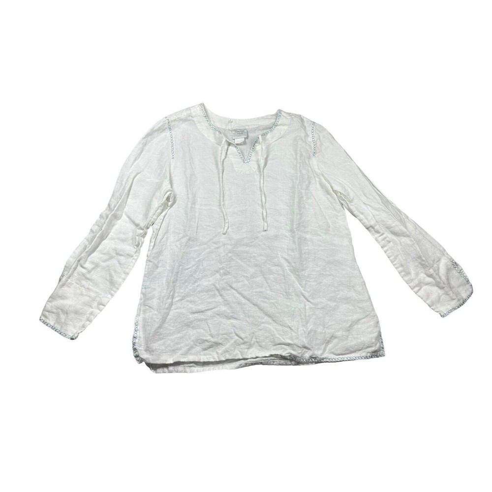 Garnet Hill 100% Linen Top Womens Size 10 Lagenlook‎  Embroidered V Neck